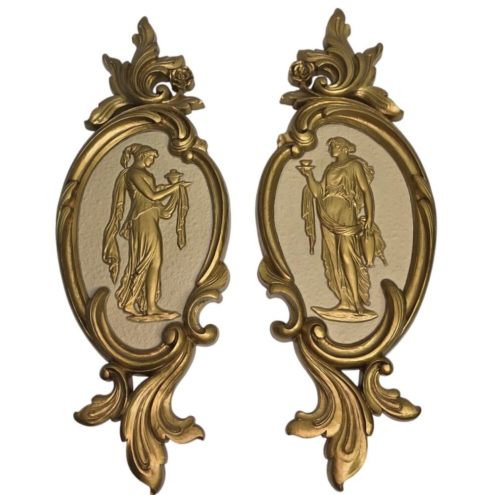 Vintage Gold Wall Plaques Pair Neoclassical Greek Hollywood Regency Syroco Style